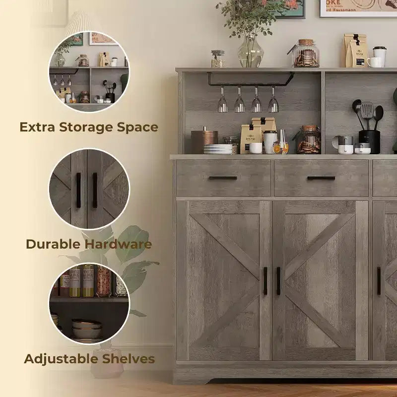 Farmhouse Sideboard Buffet with Microwave Stand, Barn Doors Buffet Storage Cabinet with Drawers and Shelves, Wood Coffee Bar Cabinet for Kitchen