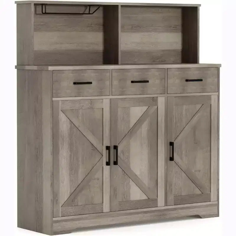 Farmhouse Sideboard Buffet with Microwave Stand, Barn Doors Buffet Storage Cabinet with Drawers and Shelves, Wood Coffee Bar Cabinet for Kitchen