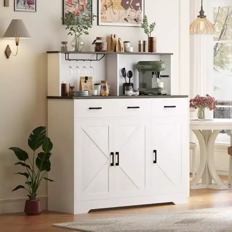 Farmhouse Sideboard Buffet with Microwave Stand, Barn Doors Buffet Storage Cabinet with Drawers and Shelves, Wood Coffee Bar Cabinet for Kitchen