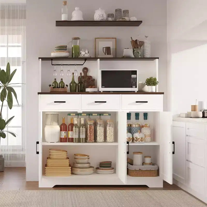 Farmhouse Sideboard Buffet with Microwave Stand, Barn Doors Buffet Storage Cabinet with Drawers and Shelves, Wood Coffee Bar Cabinet for Kitchen