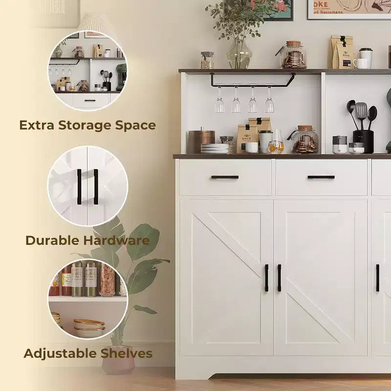 Farmhouse Sideboard Buffet with Microwave Stand, Barn Doors Buffet Storage Cabinet with Drawers and Shelves, Wood Coffee Bar Cabinet for Kitchen