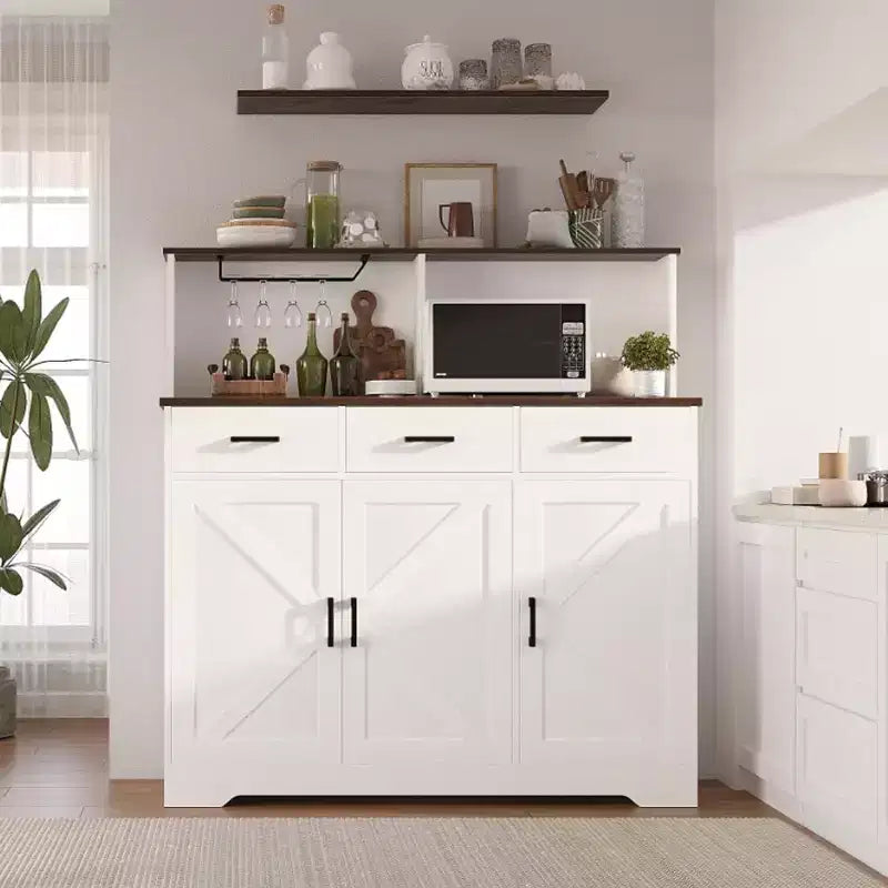 Farmhouse Sideboard Buffet with Microwave Stand, Barn Doors Buffet Storage Cabinet with Drawers and Shelves, Wood Coffee Bar Cabinet for Kitchen