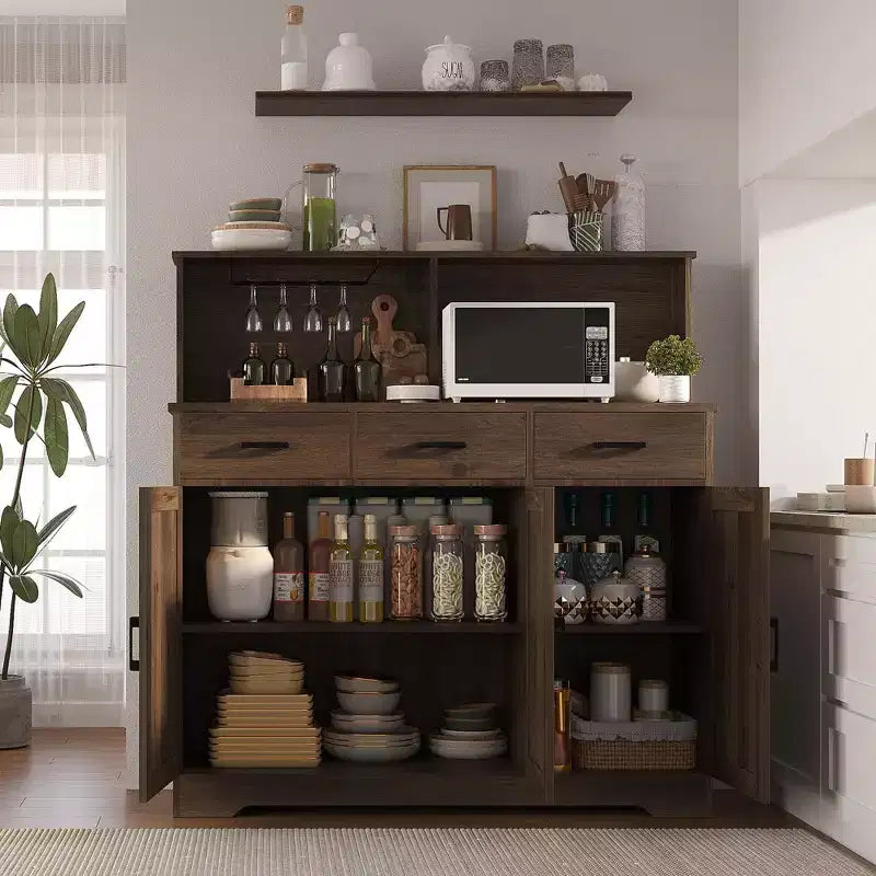 Farmhouse Sideboard Buffet with Microwave Stand, Barn Doors Buffet Storage Cabinet with Drawers and Shelves, Wood Coffee Bar Cabinet for Kitchen