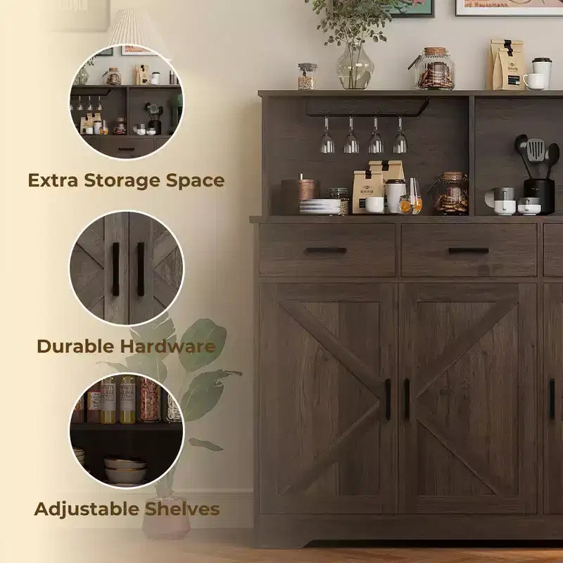 Farmhouse Sideboard Buffet with Microwave Stand, Barn Doors Buffet Storage Cabinet with Drawers and Shelves, Wood Coffee Bar Cabinet for Kitchen