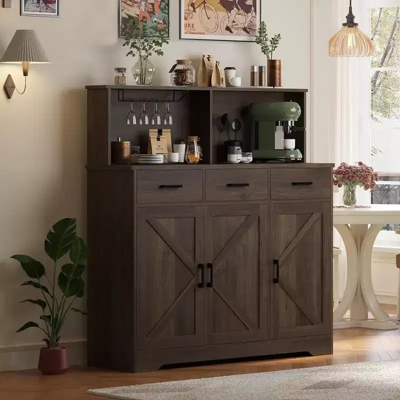 Farmhouse Sideboard Buffet with Microwave Stand, Barn Doors Buffet Storage Cabinet with Drawers and Shelves, Wood Coffee Bar Cabinet for Kitchen
