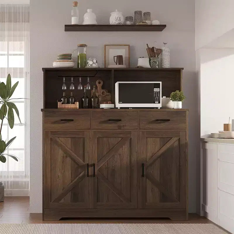 Farmhouse Sideboard Buffet with Microwave Stand, Barn Doors Buffet Storage Cabinet with Drawers and Shelves, Wood Coffee Bar Cabinet for Kitchen