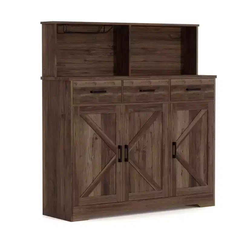 Farmhouse Sideboard Buffet with Microwave Stand, Barn Doors Buffet Storage Cabinet with Drawers and Shelves, Wood Coffee Bar Cabinet for Kitchen