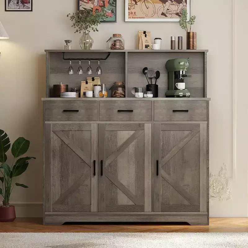 Farmhouse Sideboard Buffet with Microwave Stand, Barn Doors Buffet Storage Cabinet with Drawers and Shelves, Wood Coffee Bar Cabinet for Kitchen