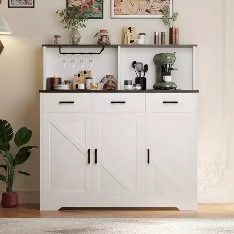 Farmhouse Sideboard Buffet with Microwave Stand, Barn Doors Buffet Storage Cabinet with Drawers and Shelves, Wood Coffee Bar Cabinet for Kitchen