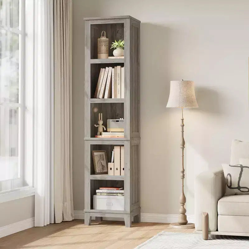 Narrow Bookcase 5 Tier Farmhouse Bookshelf Wooden Bookshelves Rustic Vintage Etagere Oak for Home Office, Living Room, Bed Room,Gray