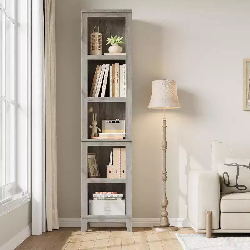 Narrow Bookcase 5 Tier Farmhouse Bookshelf Wooden Bookshelves Rustic Vintage Etagere Oak for Home Office, Living Room, Bed Room,Gray