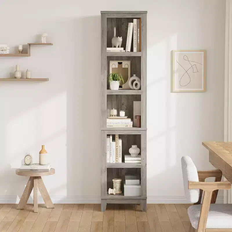 Narrow Bookcase 5 Tier Farmhouse Bookshelf Wooden Bookshelves Rustic Vintage Etagere Oak for Home Office, Living Room, Bed Room,Gray