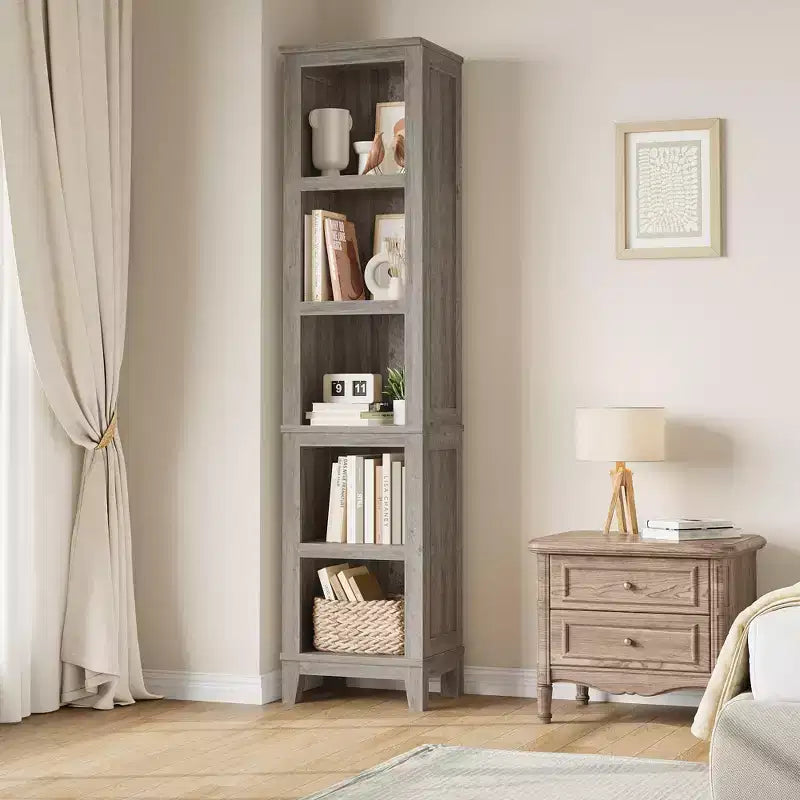 Narrow Bookcase 5 Tier Farmhouse Bookshelf Wooden Bookshelves Rustic Vintage Etagere Oak for Home Office, Living Room, Bed Room,Gray