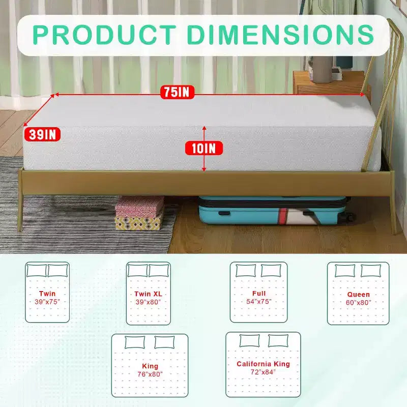 BestMassage 10 Inch Green Tea Memory Foam Mattress Cooling Gel Infused Mattress Medium Firm Mattresses