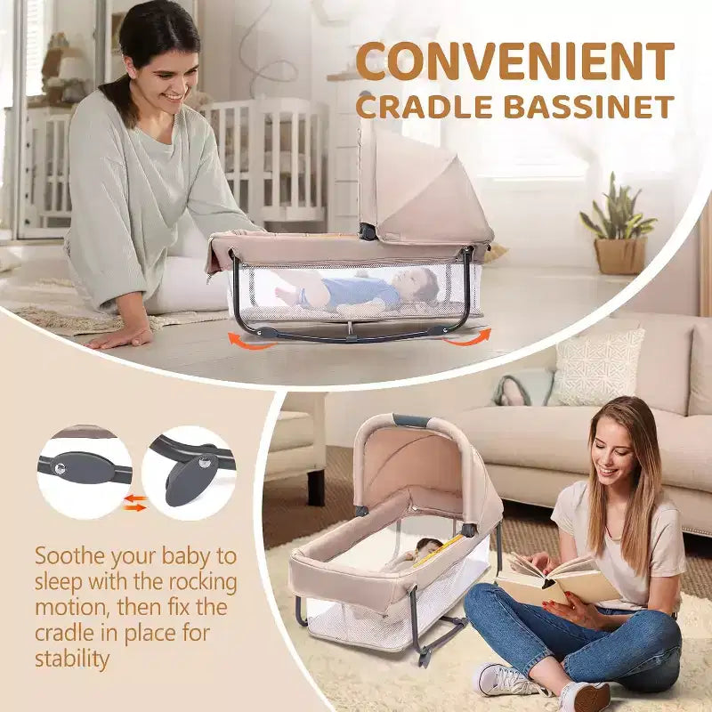 JOYMOR Twin Bassinet for Baby, Beige Bedside Bassinet, Convertible to Bedside Sleeper and Playpen, with Wheel, Brake, Foldable Side Sleeper,Beige