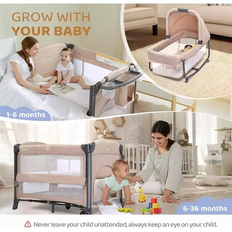 JOYMOR Twin Bassinet for Baby, Beige Bedside Bassinet, Convertible to Bedside Sleeper and Playpen, with Wheel, Brake, Foldable Side Sleeper,Beige