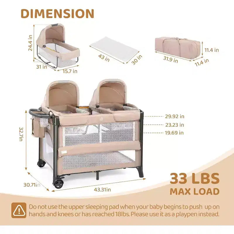 JOYMOR Twin Bassinet for Baby, Beige Bedside Bassinet, Convertible to Bedside Sleeper and Playpen, with Wheel, Brake, Foldable Side Sleeper,Beige