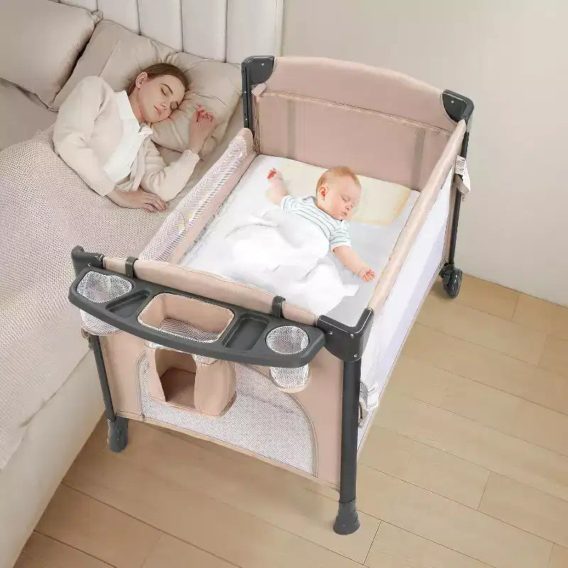 JOYMOR Twin Bassinet for Baby, Beige Bedside Bassinet, Convertible to Bedside Sleeper and Playpen, with Wheel, Brake, Foldable Side Sleeper,Beige