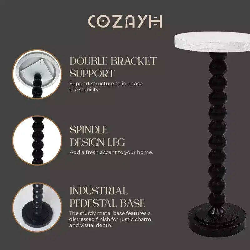 COZAYH Small Pedestal Round End Table, Living Room Furniture, Black and White