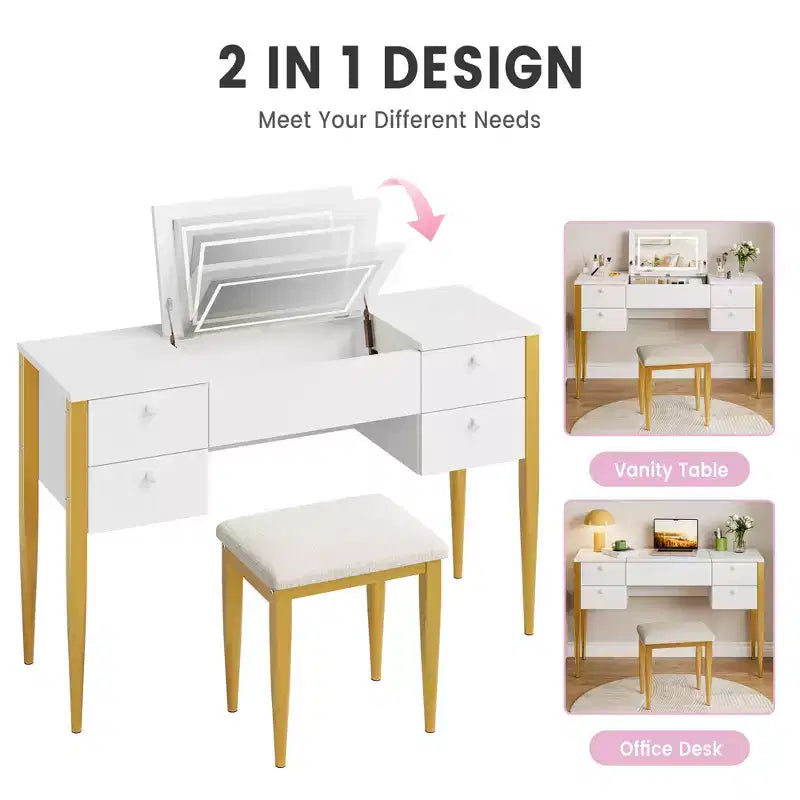 COZONY Small Vanity Desk with LED Mirror, Makeup Table Set with Flip Top and Drawers for Bedroom