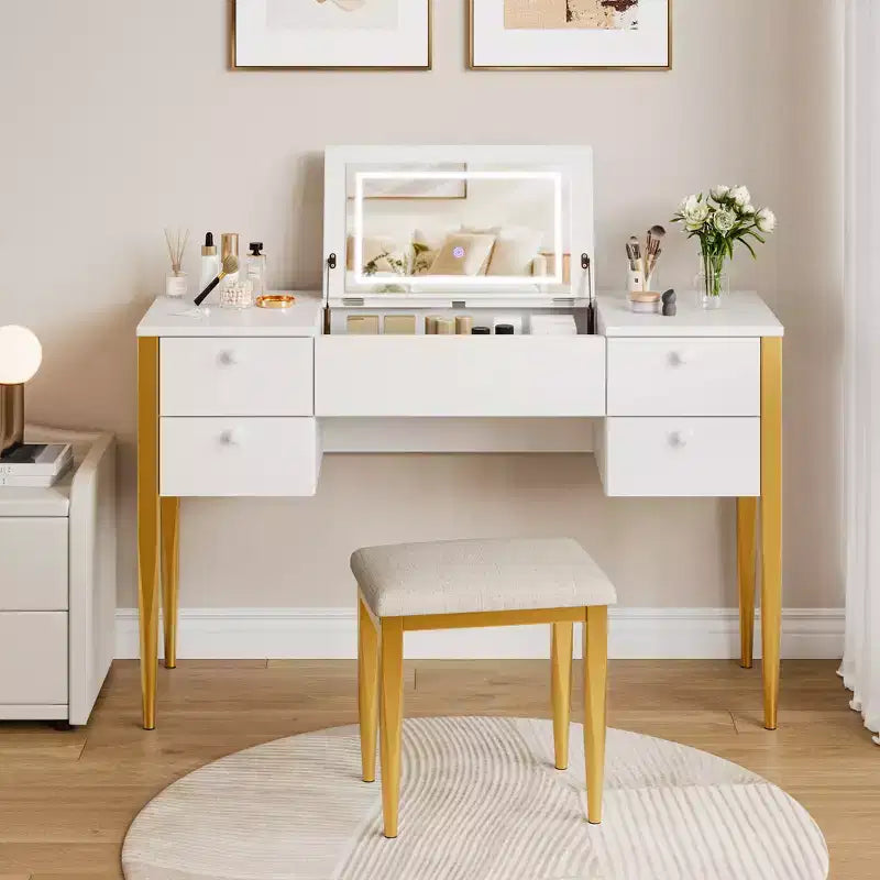 COZONY Small Vanity Desk with LED Mirror, Makeup Table Set with Flip Top and Drawers for Bedroom