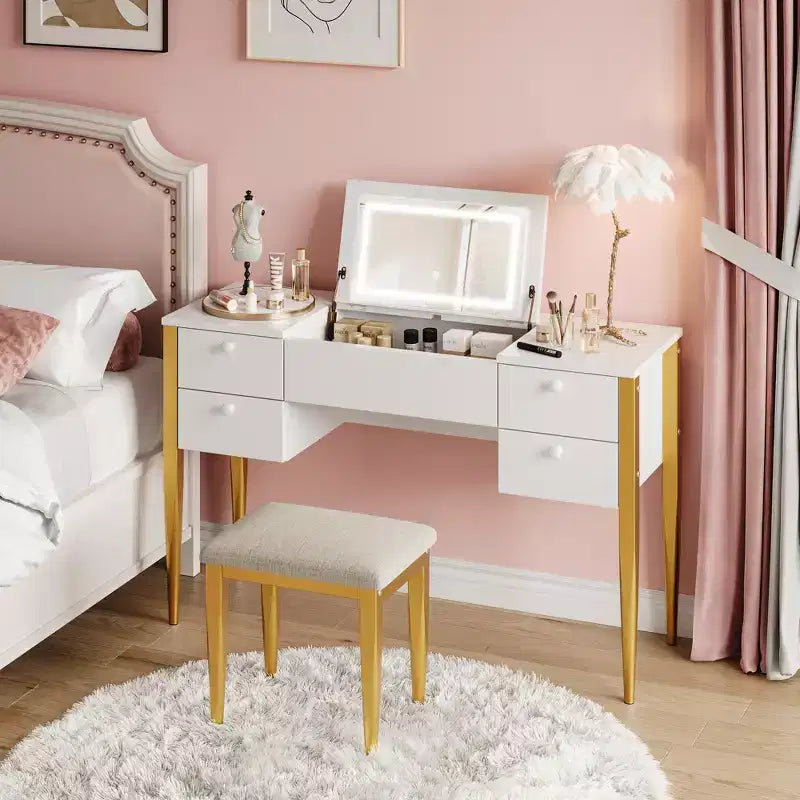 COZONY Small Vanity Desk with LED Mirror, Makeup Table Set with Flip Top and Drawers for Bedroom