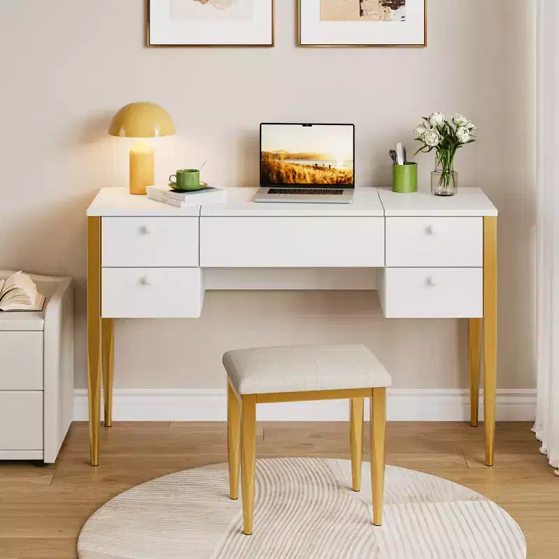 COZONY Small Vanity Desk with LED Mirror, Makeup Table Set with Flip Top and Drawers for Bedroom
