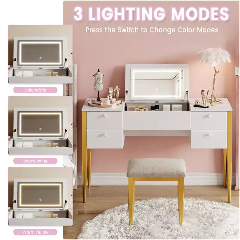 COZONY Small Vanity Desk with LED Mirror, Makeup Table Set with Flip Top and Drawers for Bedroom