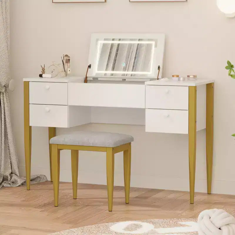 COZONY Small Vanity Desk with LED Mirror, Makeup Table Set with Flip Top and Drawers for Bedroom