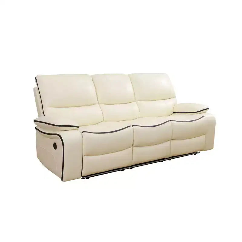 MAYEERTY Power Reclining Sofa, Electric 3-Seat Leather Recliner with USB Charging, Reversible Table & LED Lighting for Living Room, Off-White