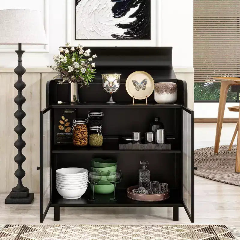 GDFStudio Leah 31.49'' Modern Sideboard Buffet Cabinet with 2 Tempered Glass Doors and 1 Flip Top