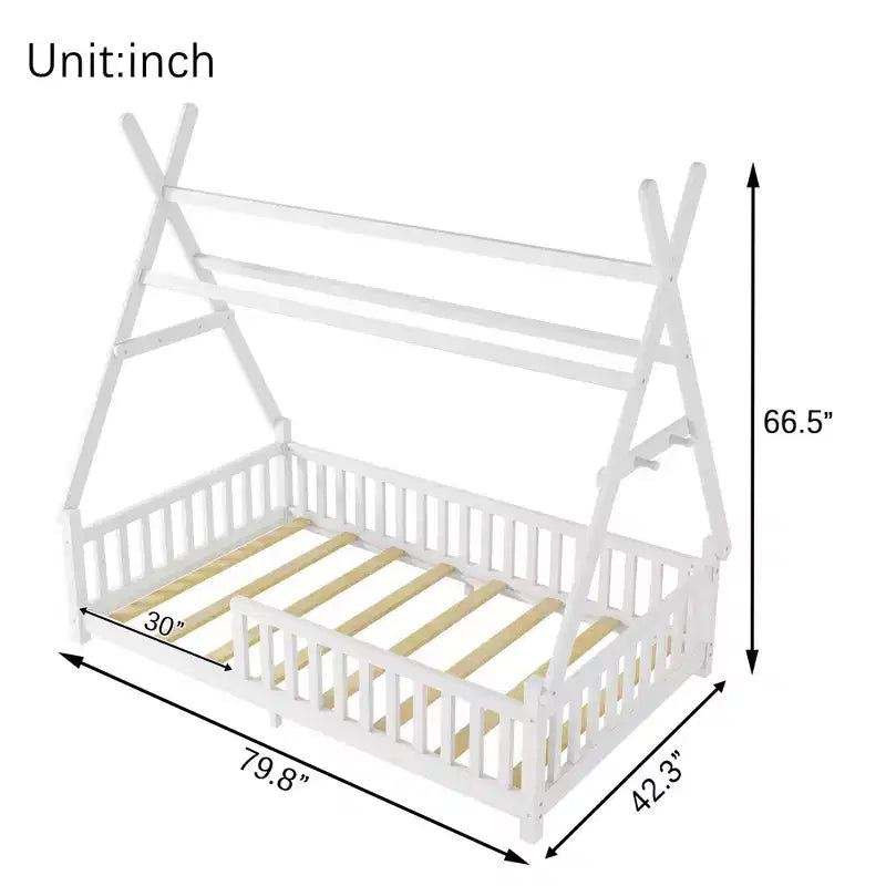Cadre de lit au sol avec toit en forme de maison Okak Twin/Full Size avec clôture et lumières décoratives, lit étudiant moderne pour chambre à coucher, chambre d'enfants, salles de jeux