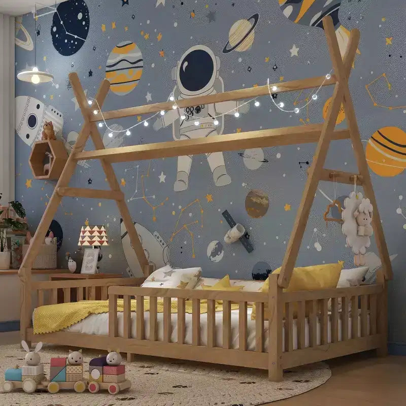 Cadre de lit au sol avec toit en forme de maison Okak Twin/Full Size avec clôture et lumières décoratives, lit étudiant moderne pour chambre à coucher, chambre d'enfants, salles de jeux