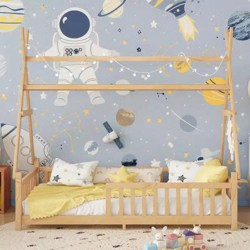 Cadre de lit au sol avec toit en forme de maison Okak Twin/Full Size avec clôture et lumières décoratives, lit étudiant moderne pour chambre à coucher, chambre d'enfants, salles de jeux