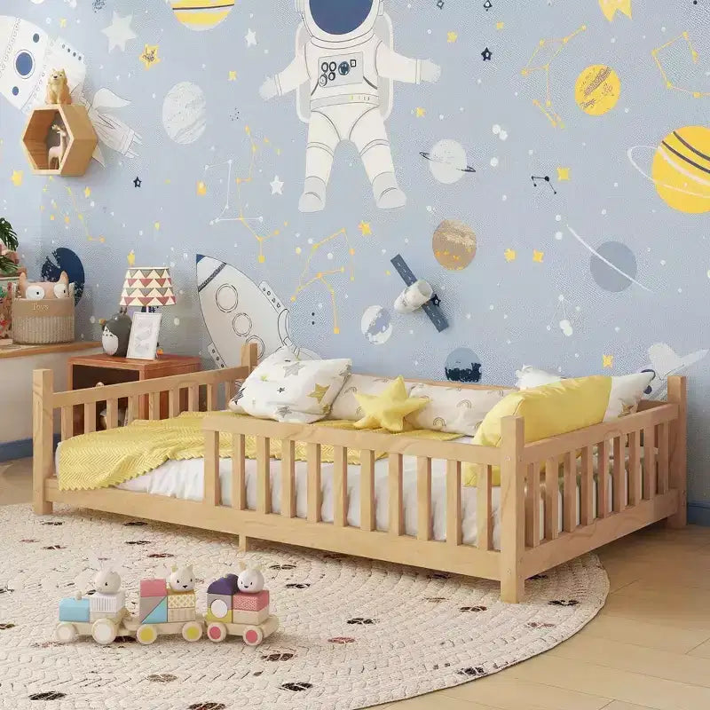 Cadre de lit au sol avec toit en forme de maison Okak Twin/Full Size avec clôture et lumières décoratives, lit étudiant moderne pour chambre à coucher, chambre d'enfants, salles de jeux