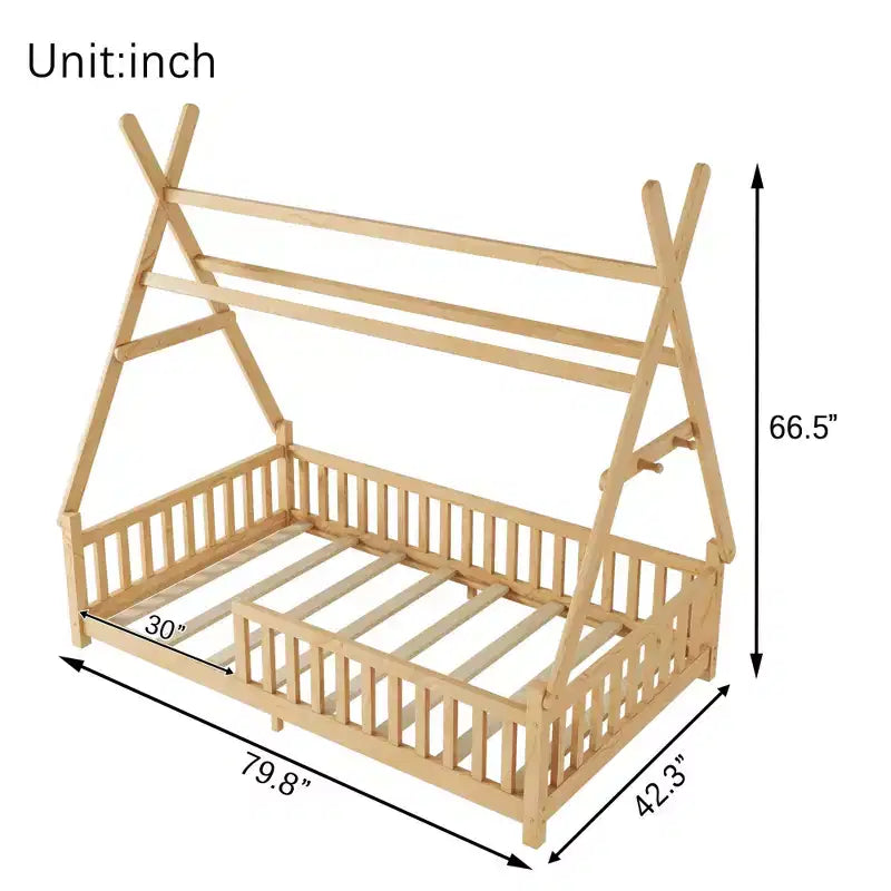 Okak Twin/Full Size House Roof Floor Bed Frame with Fence & Decor Lights,Modern Student Bed for Bedroom,Kids Room,Playrooms