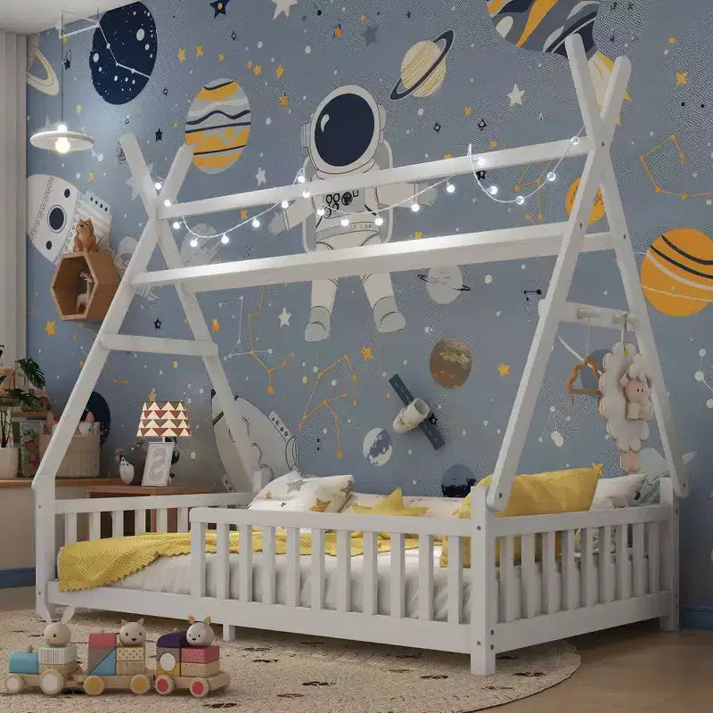 Cadre de lit au sol avec toit en forme de maison Okak Twin/Full Size avec clôture et lumières décoratives, lit étudiant moderne pour chambre à coucher, chambre d'enfants, salles de jeux