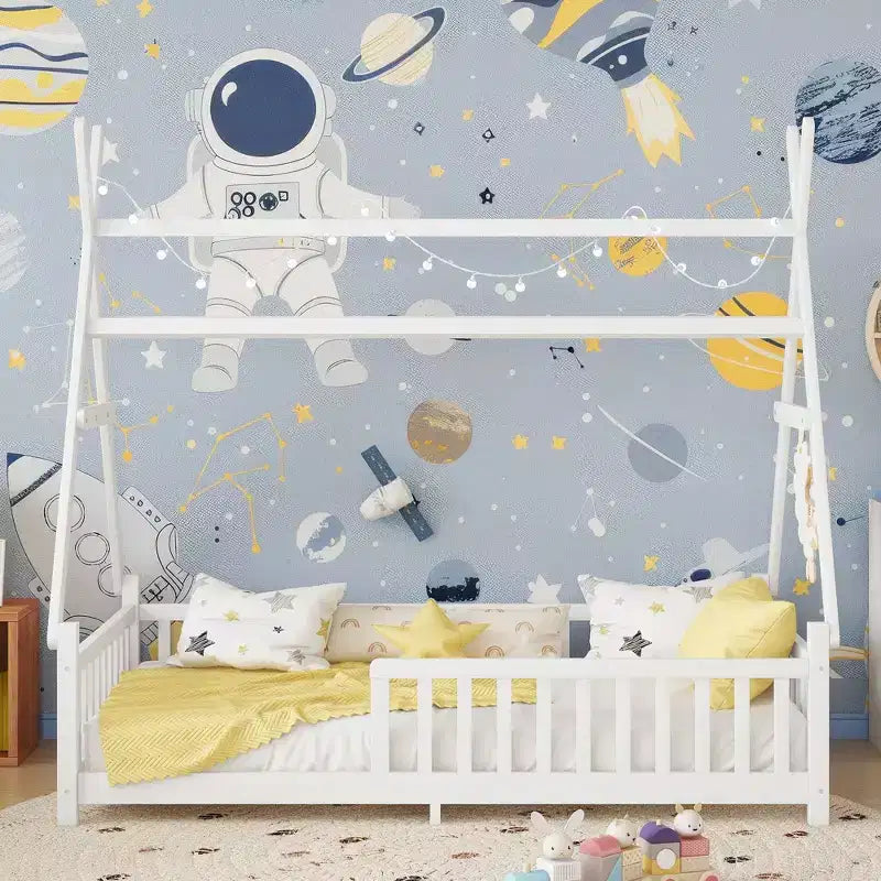 Cadre de lit au sol avec toit en forme de maison Okak Twin/Full Size avec clôture et lumières décoratives, lit étudiant moderne pour chambre à coucher, chambre d'enfants, salles de jeux