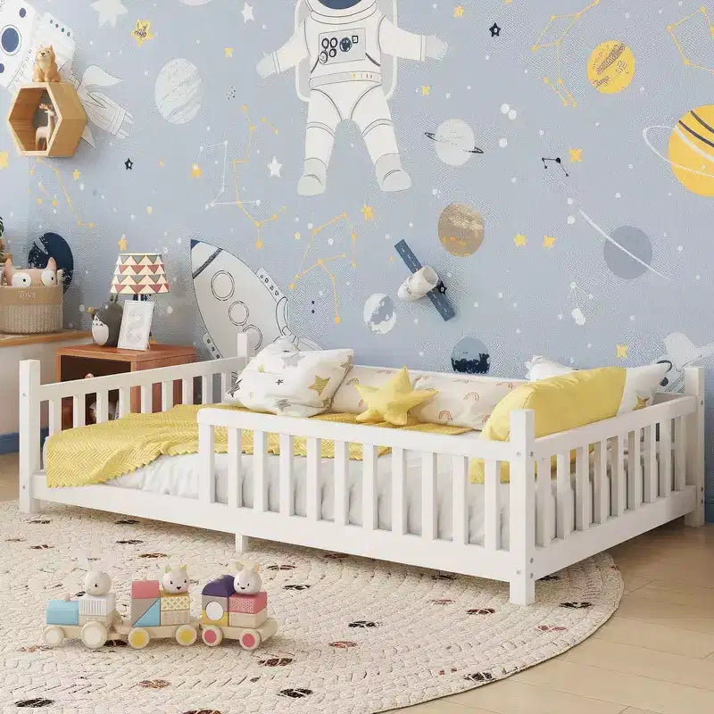 Cadre de lit au sol avec toit en forme de maison Okak Twin/Full Size avec clôture et lumières décoratives, lit étudiant moderne pour chambre à coucher, chambre d'enfants, salles de jeux