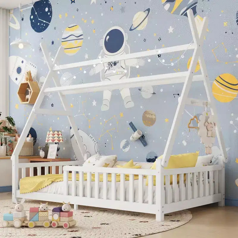 Okak Twin/Full Size House Roof Floor Bed Frame with Fence & Decor Lights,Modern Student Bed for Bedroom,Kids Room,Playrooms