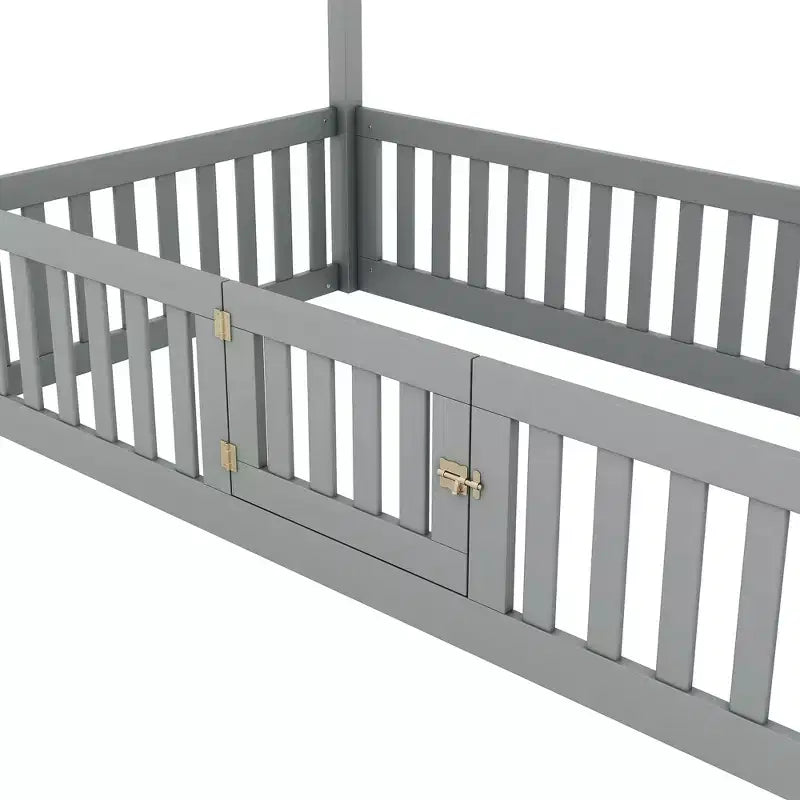 Floor House Bed for Kids, Wood Montessori Bed with Fence & Door, Full House Bed with Roof for Girls & Boys