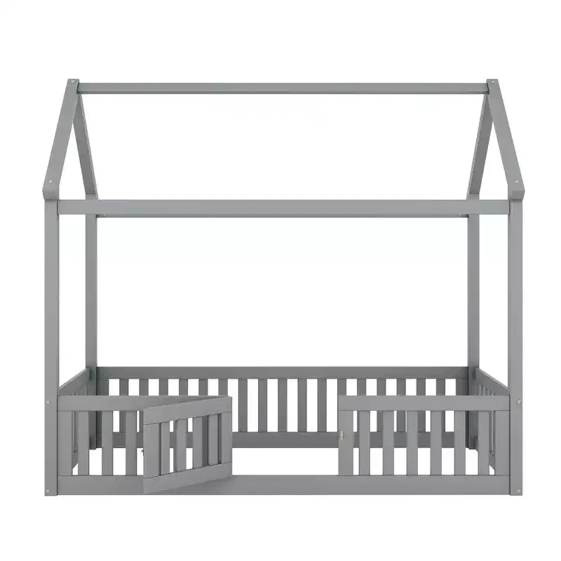 Floor House Bed for Kids, Wood Montessori Bed with Fence & Door, Full House Bed with Roof for Girls & Boys