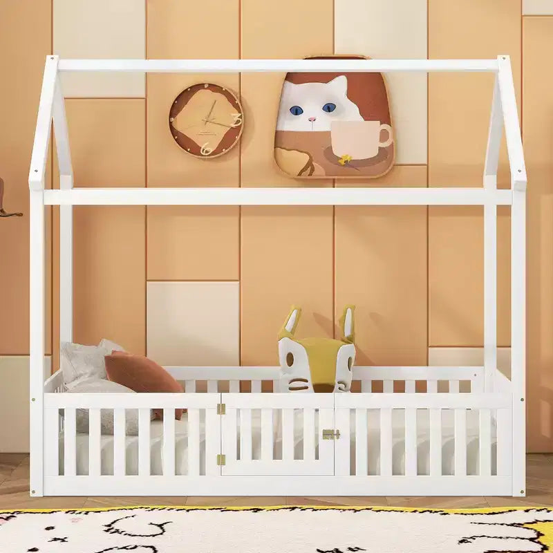 Floor House Bed for Kids, Wood Montessori Bed with Fence & Door, Full House Bed with Roof for Girls & Boys