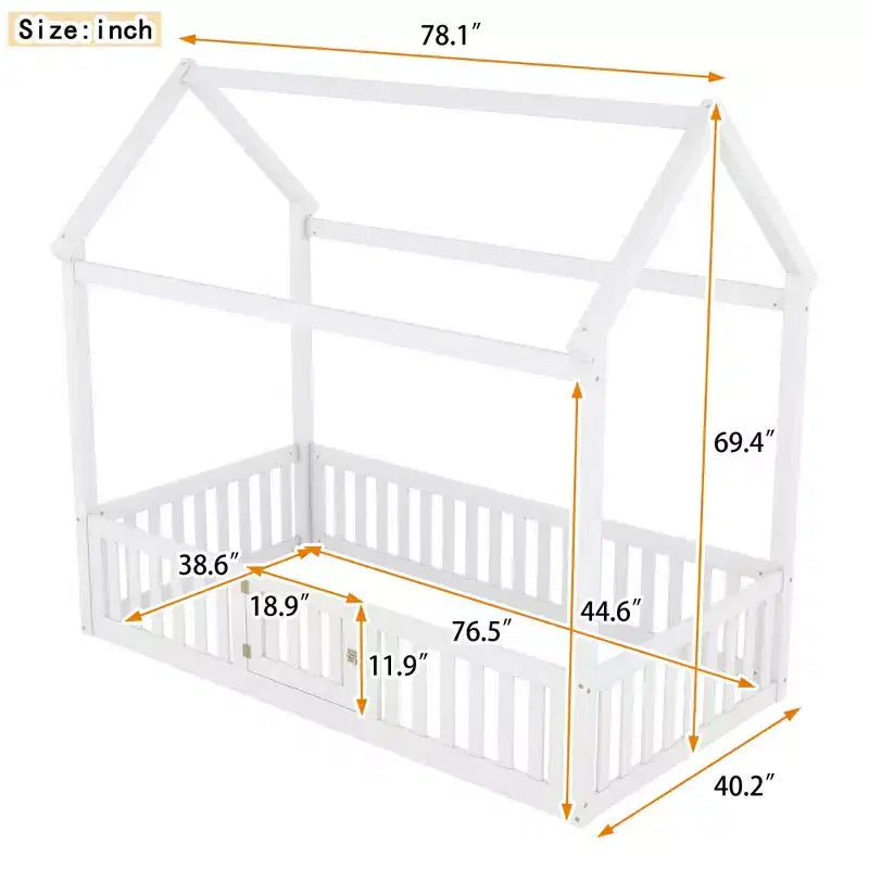 Floor House Bed for Kids, Wood Montessori Bed with Fence & Door, Full House Bed with Roof for Girls & Boys