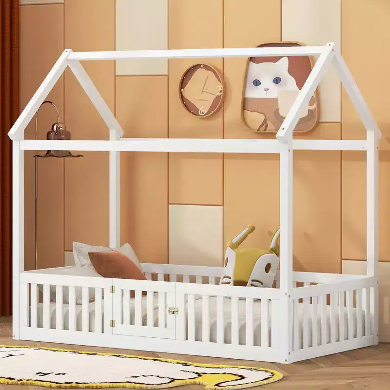 Floor House Bed for Kids, Wood Montessori Bed with Fence & Door, Full House Bed with Roof for Girls & Boys