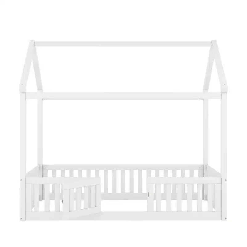 Floor House Bed for Kids, Wood Montessori Bed with Fence & Door, Full House Bed with Roof for Girls & Boys