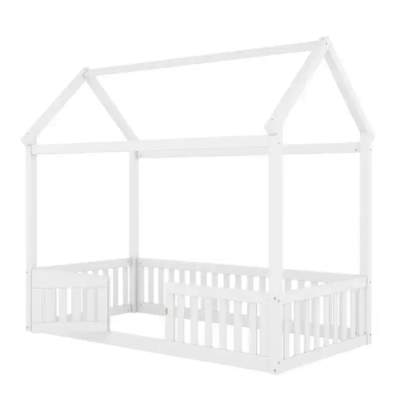 Floor House Bed for Kids, Wood Montessori Bed with Fence & Door, Full House Bed with Roof for Girls & Boys