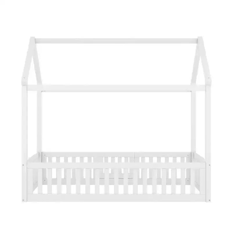 Floor House Bed for Kids, Wood Montessori Bed with Fence & Door, Full House Bed with Roof for Girls & Boys