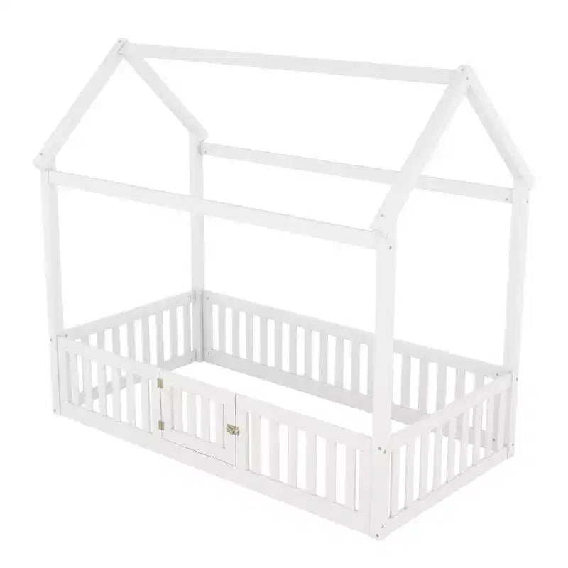 Floor House Bed for Kids, Wood Montessori Bed with Fence & Door, Full House Bed with Roof for Girls & Boys