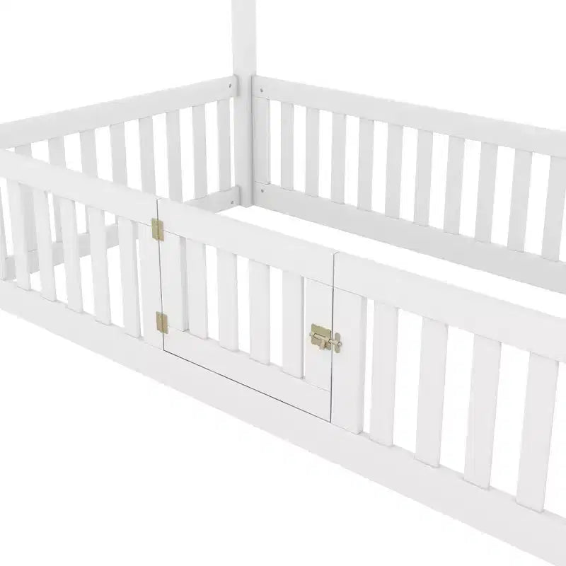 Floor House Bed for Kids, Wood Montessori Bed with Fence & Door, Full House Bed with Roof for Girls & Boys